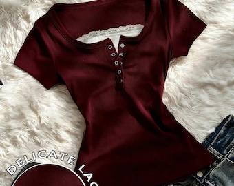 Burgundy Tie Dye Henley Tee with Lace Trim, Slim Fit Short Sleeve Top