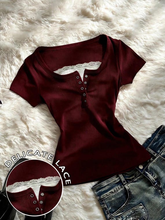 Burgundy Tie Dye Henley Tee with Lace Trim, Slim Fit Short Sleeve Top