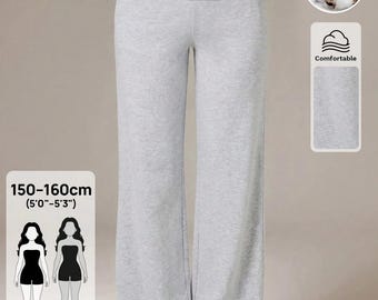Pantalones de descanso de pierna ancha de punto de algodón gris claro, cintura elástica, pantalones casuales de otoño.