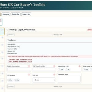 May include: Screenshot of the WheelyWise UK Car Buyer's Toolkit, a digital tool for used car buyers. The interface displays various sections for assessing a vehicle's condition, including identity, mileage, and service history. The score is 0/100.