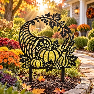 May include: A black metal garden stake featuring a cutout design of a cornucopia overflowing with pumpkins, gourds, wheat stalks, and autumn leaves. The decorative silhouette is supported by two vertical prongs for insertion into the ground.
