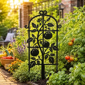 Könnte beinhalten: Ein schwarzes Rankgitter aus Metall mit einem dekorativen Ausschnittdesign einer Tomatenpflanze mit Blättern und runden Früchten. Die bogenförmige Struktur steht aufrecht in einem Gartenbeet und dient als Stütze für Kletterpflanzen.