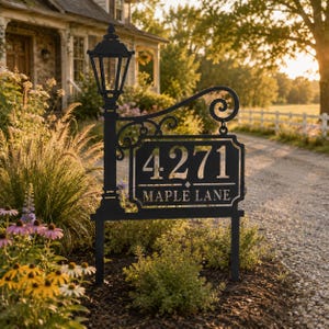 May include: A black metal yard sign featuring a decorative lamp post design on the left side and a rectangular plaque displaying the house number 4271 above the text MAPLE LANE in a serif font, supported by two thin metal stakes.