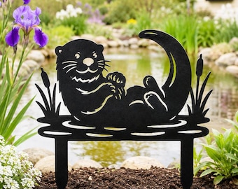 Pieu de jardin en métal loutre, art de jardin d'étang, décoration extérieure de loutre de rivière, enseigne de jardin de quenouilles, cadeau de jardin animalier