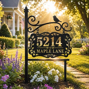 May include: A black metal address sign mounted on a post, featuring a decorative scrollwork top with a bird silhouette. The rectangular plaque displays the gold-coloured numbers 5214 and the text MAPLE LANE, surrounded by a leaf-patterned border.