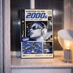 May include: A rectangular poster featuring a black, white, and blue graphic design. It displays the text "welcome to the 2000s," "THE FUTURE IS HERE," "MILLENNIUM VIBES," and "THE DAWN OF A NEW MILLENNIUM," alongside a portrait of a person wearing sunglasses.