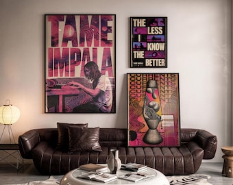 May include: A living room featuring a dark brown tufted sofa, a white circular coffee table, and three Tame Impala posters on the wall. The posters include text reading Tame Impala, The Less I Know The Better, and Currents, with vibrant pink, purple, and orange graphics.