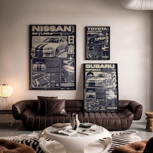 Könnte beinhalten: Drei gerahmte Poster mit technischen Illustrationen eines Nissan Skyline R34, eines Toyota Sprinter Trueno und eines Subaru Impreza WRX STI, die an einer Wand über einem dunkelbraunen Ledersofa und einem weißen runden Couchtisch hängen.
