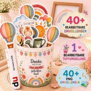 Könnte beinhalten: Ein dekorativer Papiertopf mit Blumen- und Regenbogenmuster und dem Text Danke, dass du mir beim Wachsen geholfen hast, ergänzt durch verschiedene Papieraufsteller von Heißluftballons, einer Biene, einer Sonne und einer Gießkanne.