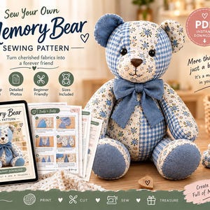 May include: A stuffed teddy bear made from blue and white gingham and floral fabric, featuring a blue bow tie. Beside it, a tablet and printed pages display a sewing pattern titled Memory Bear, with text including PDF Instant Download.