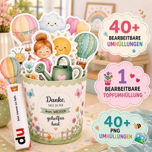 May include: A decorative plant pot wrap featuring a garden scene with a green watering can, a child, hot air balloons, and flowers. The pot displays the German text 'Danke, dass du mir beim Wachsen geholfen hast' and includes digital assets with text labels.