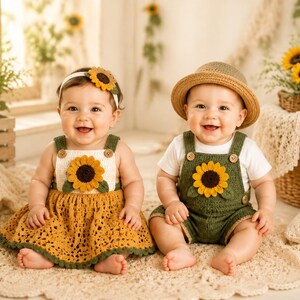 Modello all'uncinetto per tuta e vestito a forma di girasole, taglie da neonato a 4 anni, download digitale in formato PDF
