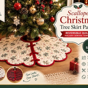 Patroon voor een kerstboomrok met geschulpte rand (PDF), omkeerbaar, gewatteerd naaipatroon voor de feestdagen, verkrijgbaar in 4 maten.