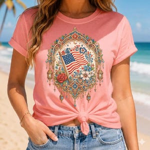 Amerikansk flagga PNG: Boho blommig folkkonstgrafik (digital nedladdning)