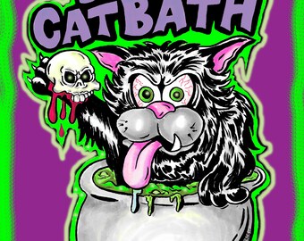 Black Catbath Monster art Print Black Sabbath Parody Feline Witch cauldron