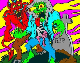 Monster art Print Zombie Satan devil Horror Graveyard Free shipping