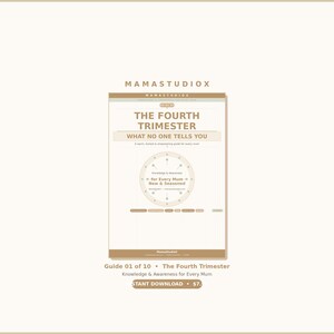 May include: A digital guide titled The Fourth Trimester: What No One Tells You, featuring a beige and white color scheme. The cover includes a circular clock-like graphic, the text MamaStudioX, and the subtitle Knowledge & Awareness for Every Mum.