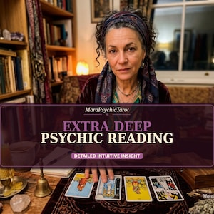 Może przedstawiać: Kobieta w chuście siedzi przy stole z kartami tarota. Obraz zawiera tekst "EXTRA DEEP PSYCHIC READING" i "DETAILED INTUITIVE INSIGHT". W tle widoczne są półki z książkami i okno.