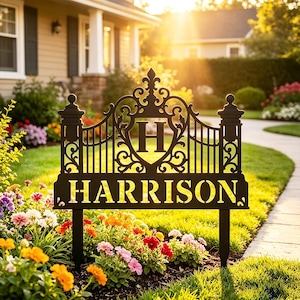 May include: A black metal garden sign featuring an ornate gate-style design with a central shield displaying the letter H and the name HARRISON in bold capital letters. The sign is supported by two stakes inserted into the ground.