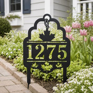 Maple Leaf Address Garden Stake,Black Metal Yard Art,Front Yard Lawn Decor,House Number Outdoor Yard Sign,Housewarming Gift