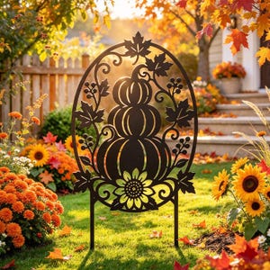 May include: A black metal garden stake featuring an oval frame with a cutout design of three stacked pumpkins, a sunflower at the base, and surrounding maple leaves and berry sprigs.