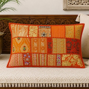 Set of 2 Handmade Vintage Indian Patchwork Lumbar Cushion Cover – Embroidered Boho Pillow