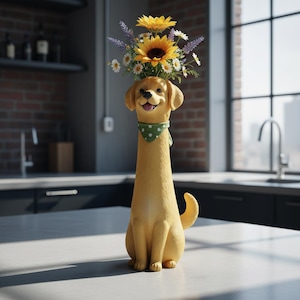 Puede incluir: Un jarrón caprichoso con forma de perro amarillo, de cuello largo, con una bufanda verde de lunares. Contiene girasoles, margaritas y lavanda. El perro sonríe. El jarrón está sobre una encimera blanca.