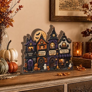 Halloween Village Wooden Block, Spooky Main Street Shelf Sitter, Witch Shop & Black Cat Cafe, Pumpkin Patch Halloween Gift Decor NHTC06-1