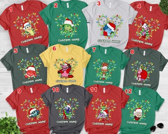 Personalized Cartoon Emotions Christmas Shirt, Custom Name Movie Christmas Shirt, Colorful Holiday Lights Graphic Tee, Christmas Gift NFVL03