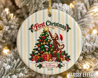 Personalized Curious George Ceramic Ornament, Christmas Custom Kids Name Monkey Gift JDRV12-02