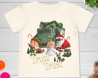 T-shirt de Noël Camion Poubelle, T-shirt avec personnages de dessins animés amusants, T-shirt assorti pour toute la famille, Cadeau de Noël pour enfants, Motif camion C2IC04-04