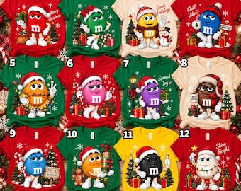M and M Christmas Shirt, Colorful Chocolate Candy Characters Tee, Matching Family Christmas Shirts, Holiday Group Outfit NHWS62-RD