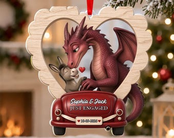 Shrek Dragon and Donkey Engagement Ornament, Personalized Couple Names and Date, Custom Engagement Christmas Keepsake Gift GAO304