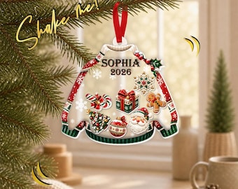 Personalized Christmas Sweater Shaker Ornament, Custom Name Year Holiday Ornament, Sweater Christmas Keepsake Gift GAPG15