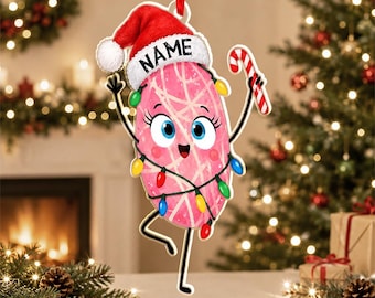 Food Friends Christmas Ornament, Personalized Pink Candy Character with Holiday Lights, Custom Name Teacher Christmas Gift GAPM08-04