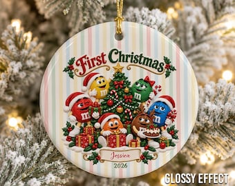 Personalized M&M Ceramic Ornament, First Christmas Custom Name Candy Holiday Keepsake JDRV12-01