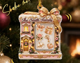 Personalized Family Gift Shaker Ornament, Custom Family Name Christmas Ornament, Pink House Holiday Keepsake Gift GAPG19