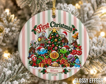Personalized Plants vs Zombies Ceramic Ornament, First Christmas Gamer Custom Name Gift JDRV12-04