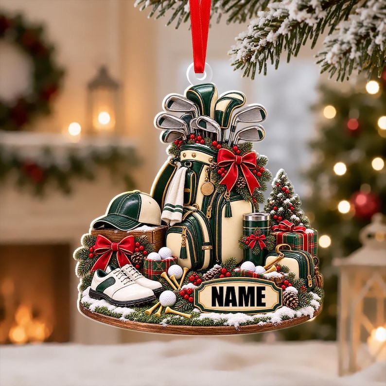 Personalized Golf Bag Christmas Ornament, Golf Clubs Balls and Holiday ...