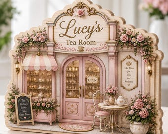 Personalized Tea Room Wooden Block, Custom Tea Shop Decor, Elegant Floral Cafe Storefront, Pink Cottage Tea House Gift, Business NHUQ60-RD