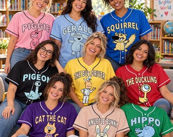 Maillot de baseball personnalisé Éléphant et Piggie Pigeon, chauffeur de bus, Knuffle Bunny, professeur, T-shirt assorti pour la journée des personnages de livres B1KC02-RD