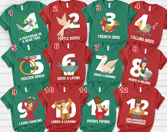 The 12 Days of Christmas Group Shirts, Twelve Days Family Party T-shirts, Holiday Graphic Shirt, Teachers Reunions, Fun couple DZNS35