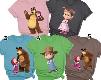 Personalized Masha and Bear Birthday Shirt, Custom Masha Cartoon T-shirt, Masha and The Bear Family Tee, Birthday Girl Gift D3LG05