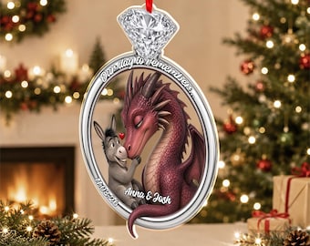 Shrek Dragon and Donkey Engagement Ring Ornament, Personalized Couple Christmas Decoration, Custom Names and Date Romantic Keepsake GAO305