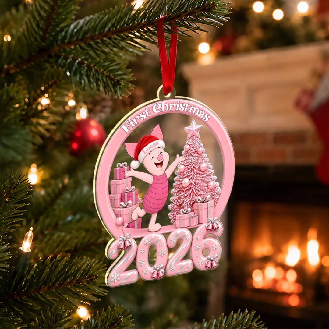 Personalized Pink Pig First Christmas Ornament, Custom Name 2D Flat ...