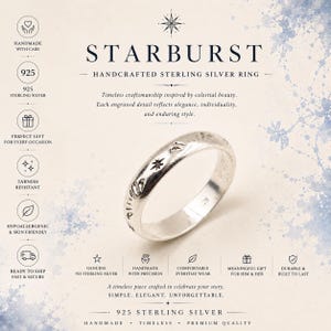 May include: A sterling silver ring featuring engraved starburst patterns along the outer band. The ring is displayed against a background containing the text STARBURST, HANDCRAFTED STERLING SILVER RING, and various icons describing product features.