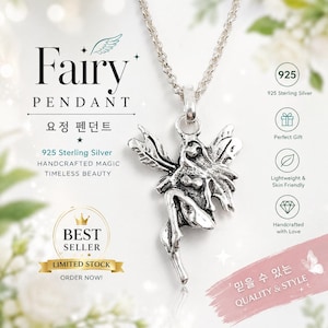 May include: A 925 sterling silver fairy pendant on a matching silver chain. The pendant features a detailed, textured fairy figure with wings. The image includes text such as Fairy PENDANT, 925 Sterling Silver, and Best Seller, along with icons.