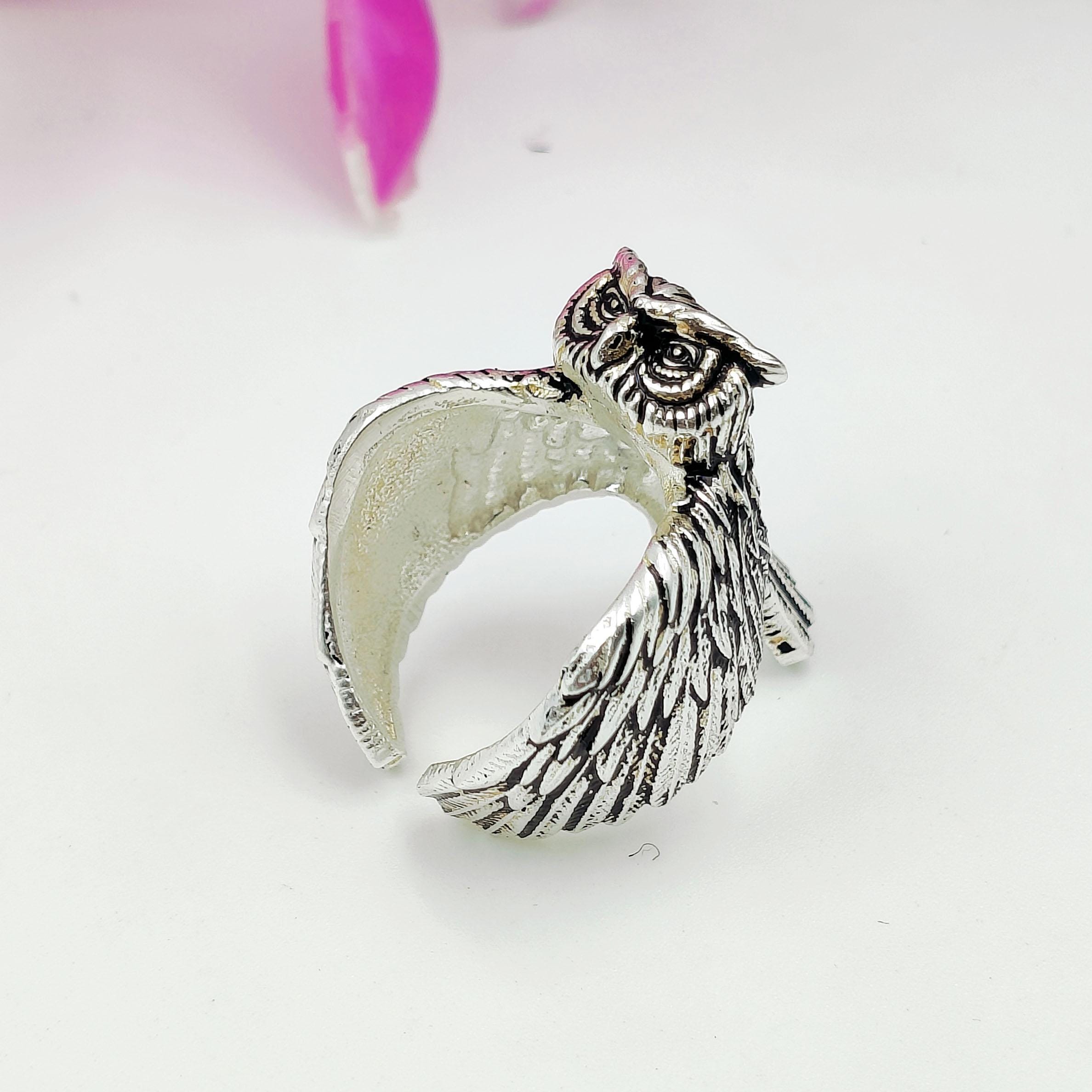 Silver Owl Ring, Adjustable Bird Statement Ring, Nature Inspired Animal Jewelry