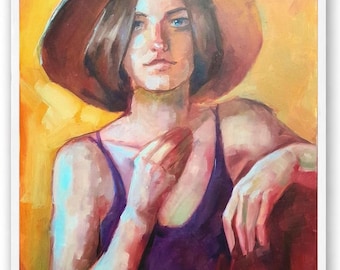 Handgemachtes Ölgemälde – figuratives Portrait mit Hut, Unikat, Kunst auf Leinwand