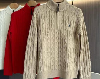 Maglione Polo Ralph Lauren a trecce con cerniera a un quarto / Classico pullover preppy in cotone